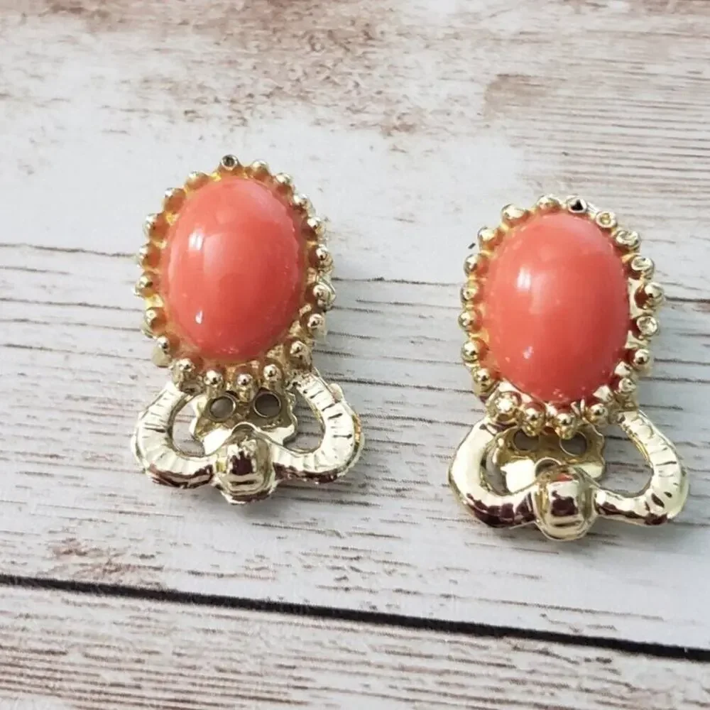 Vintage Clip On Earrings - Orange with Gold Tone Crown Halo